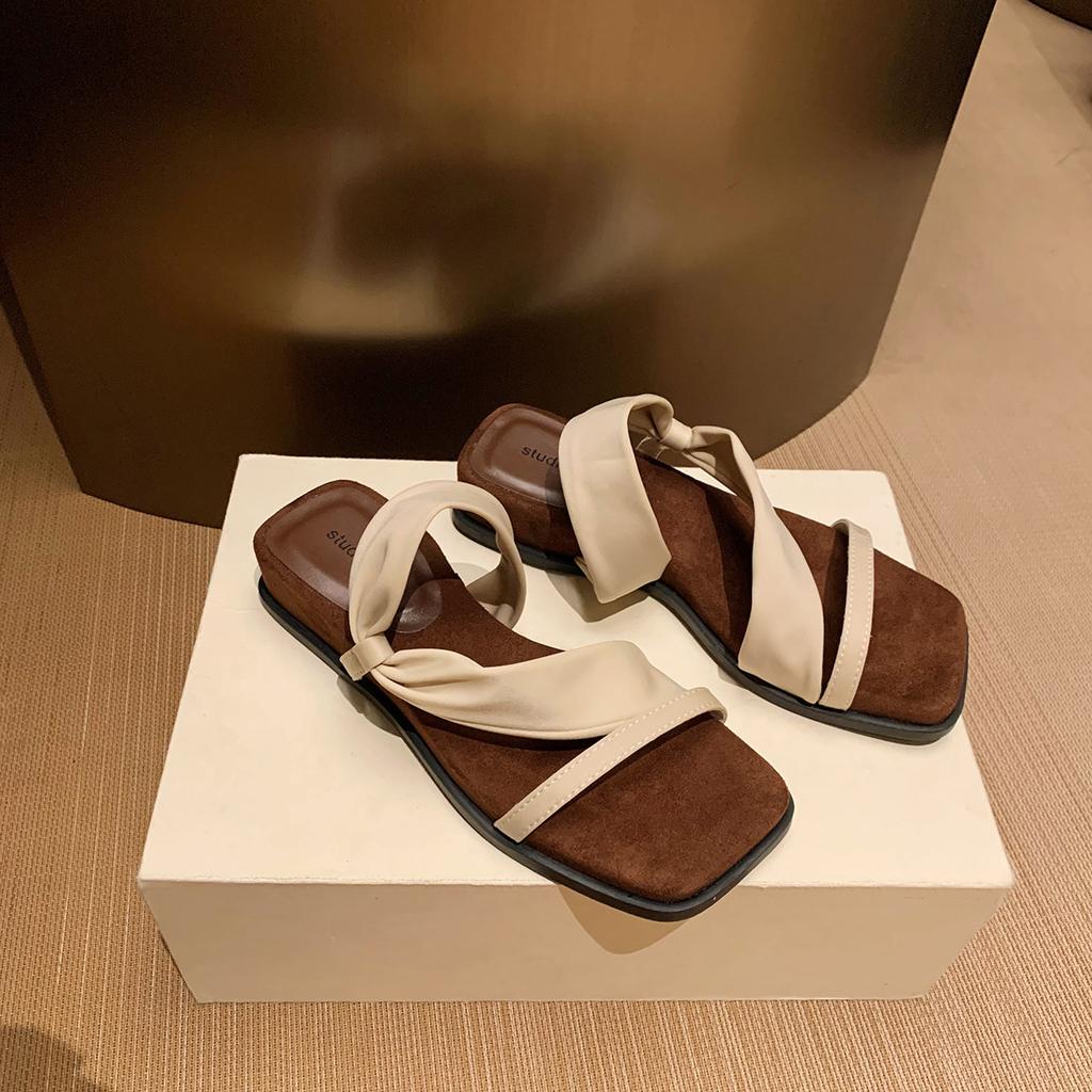 Sheepskin Version of Genuine Leather Two Wear French Wedge Heel Retro One-word Slippers Women's Summer Wear Temperament High Heels Cool Slippers