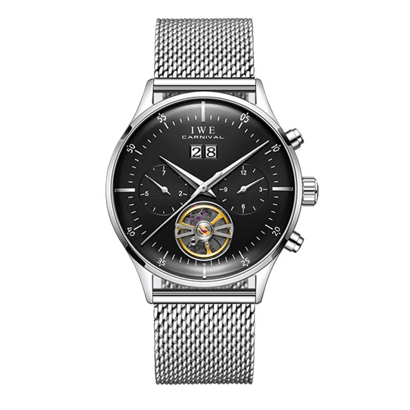 New CARNIVAL Grey Dial Luxury Tourbillon Watch For Men Mechanical Travel Time Wrist Watch Men Leather Waterproof