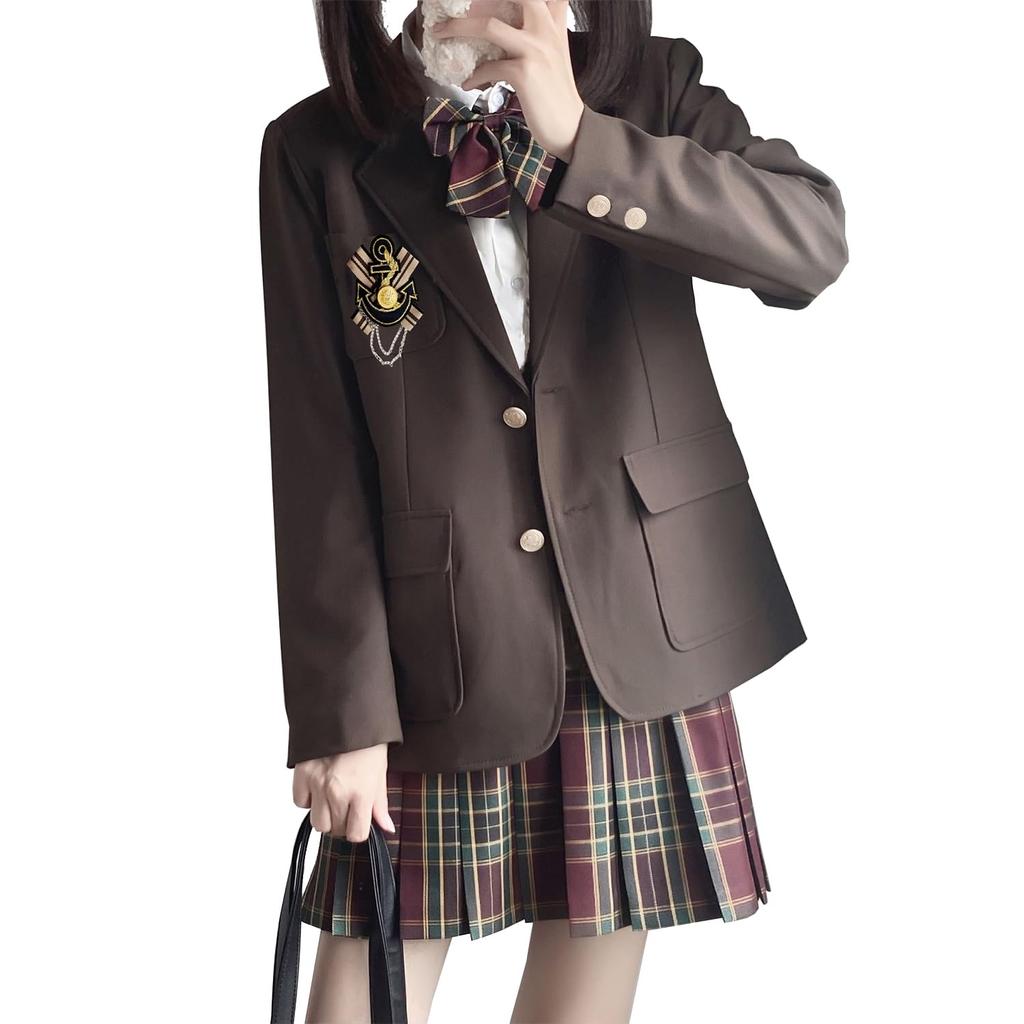 AOTYP High School Girl Uniform Cosplay Costume Ribbon Pleated and Available In Two Navy and Black Size Blazer, 5-Piece Set, Shirt, Skirt, Blazer,
