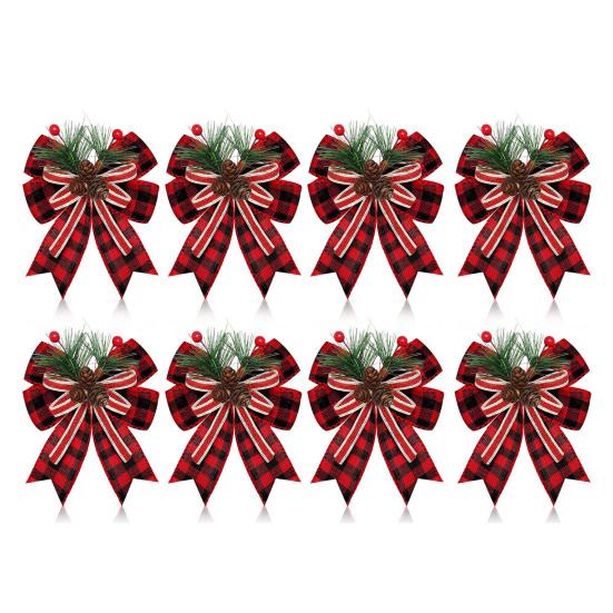 Christmas Bows with Pine Cones Pine Needles Buffalo Plaid Ribbon Bows Christmas Tree Wreath Decoration for Gift Wrapping