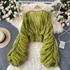 Women's Top with a Stylish Design, Pleated Puff Sleeves, Slim Fit, Short Length, Fashionable and Versatile Chiffon Shirt