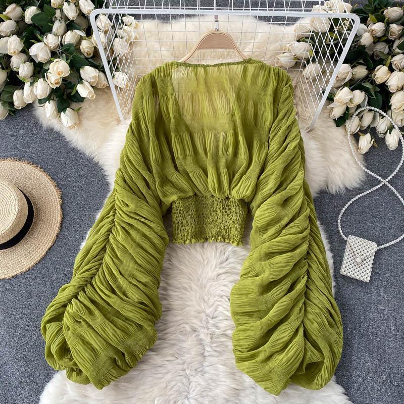 Women's Top with a Stylish Design, Pleated Puff Sleeves, Slim Fit, Short Length, Fashionable and Versatile Chiffon Shirt