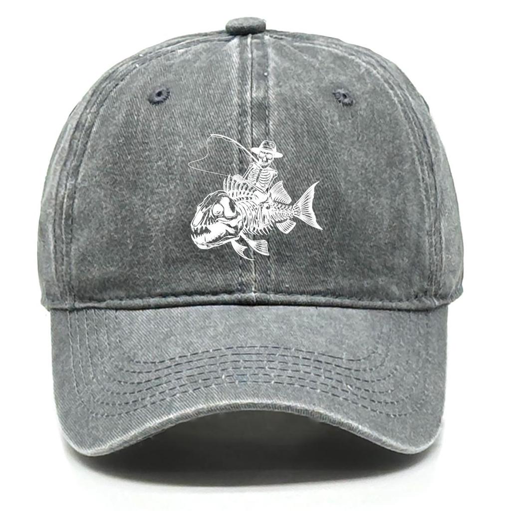 Human Skeleton and Fish Print Snapback Sun Hat, Fishing Rod Mesh Hat Fit Hip Hop Distressed Raw Brim Adjustable Baseball Hat