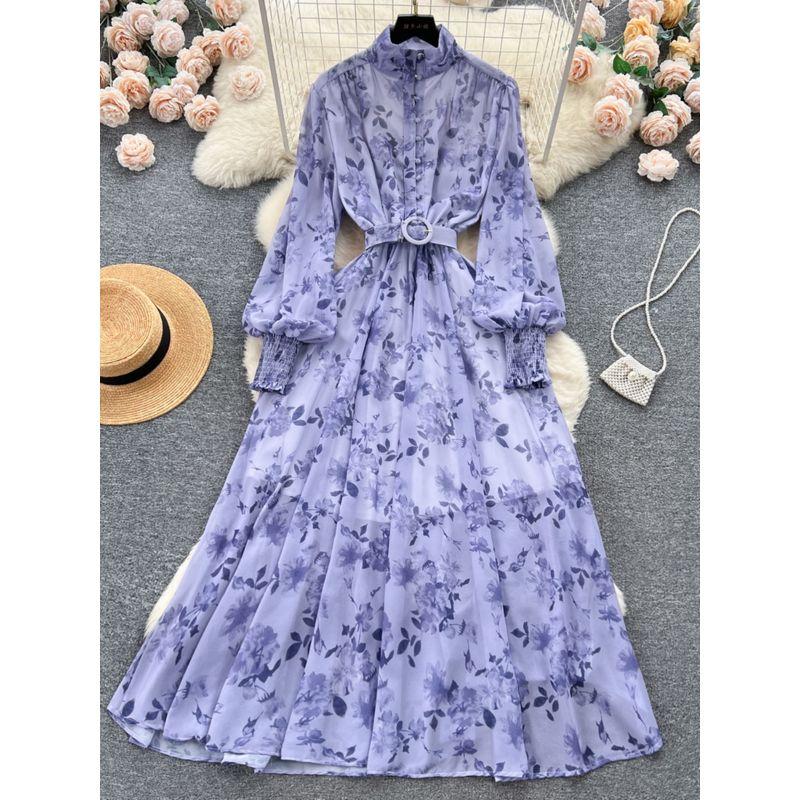 Graceful Stand Collar Breasted Silm Long Large Hem Dress