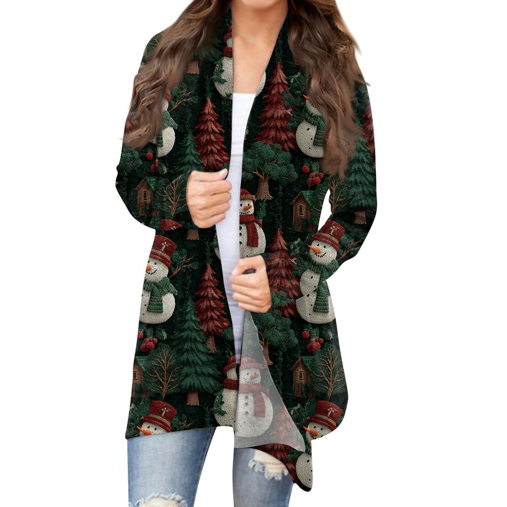 Women's Fashion Christmas Print Jacket Long Sleeve Casual Cardigan Coat