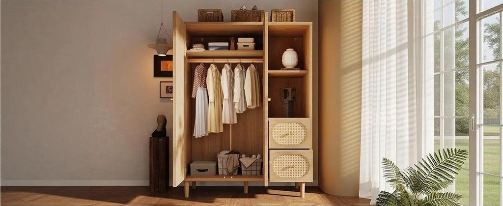 Wardrobe country house style oak 161x120x48 cm wood, 2 doors, 2 drawers, open shelves, with clothes rail, ideal for bedroom and hallway