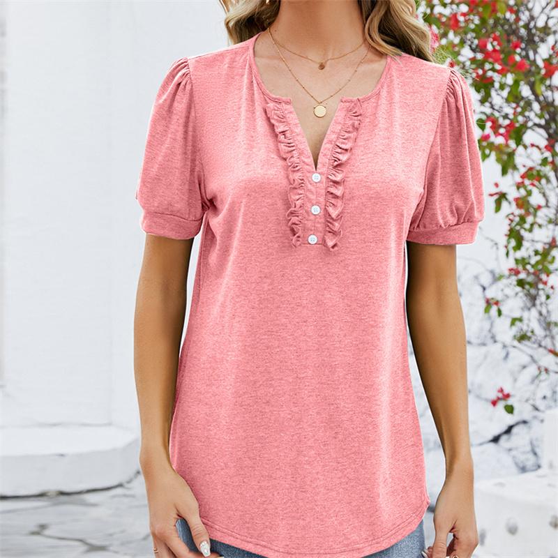 Frühling Sommer T-Shirts Einfarbig Damen Top Mode V-Ausschnitt Knopf Holzohrkante Kurzarm T-Shirt