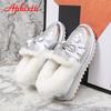 Fashion APHIXTA Plush Warm Silver Winter Snow Women Boots Shoes Platform Flat Heel Bling Crystals Bow Waterproof Fur Round Head Shoes