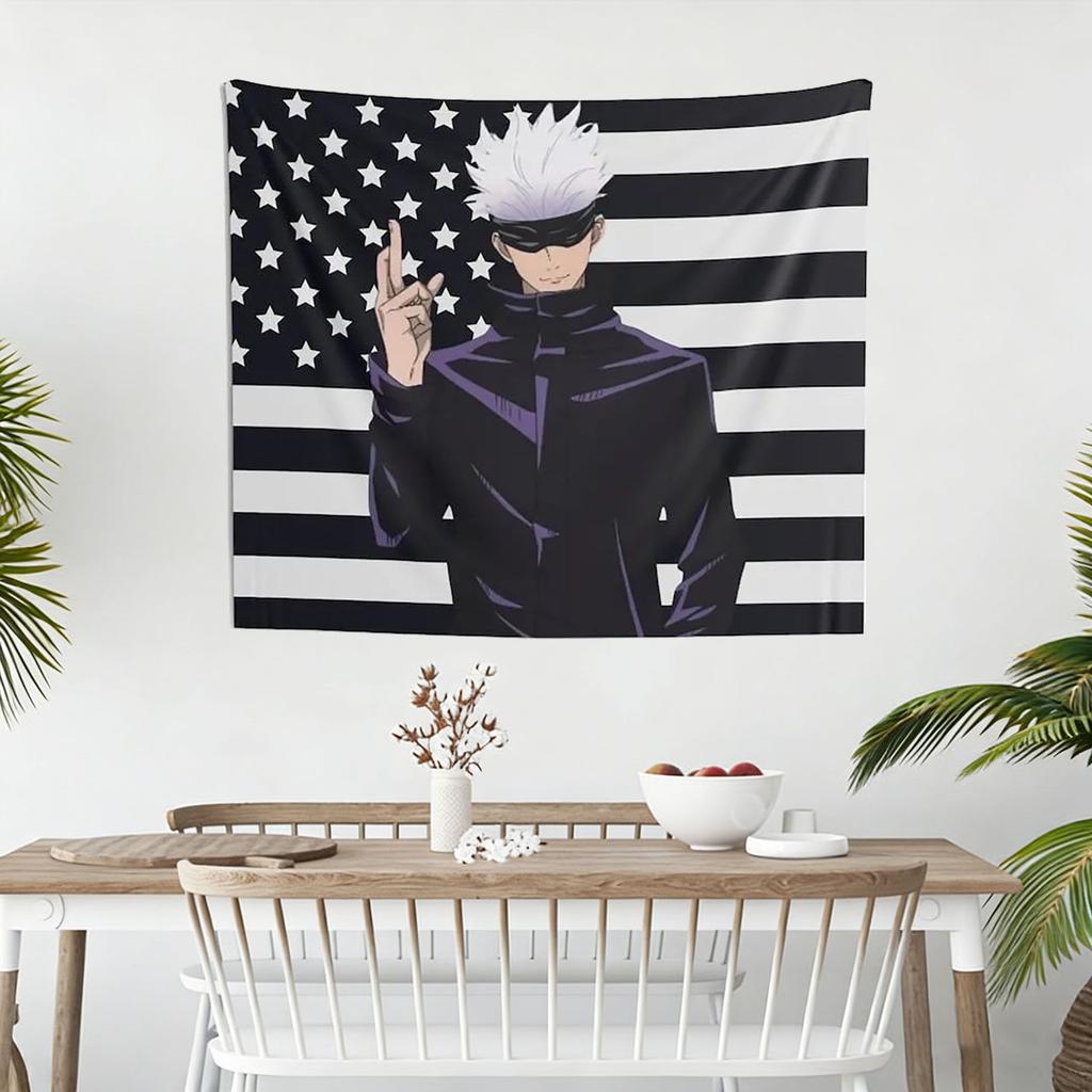 Anime Satoru Gojo American Flag Wall Tapestry Jujutsu Kaisen Inspired Wall Hanging Cool Anime Character Decor for Bedroom Dorm