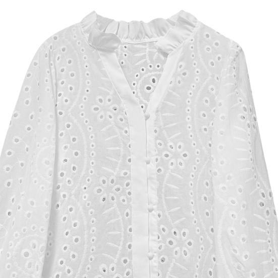 Women Shirt V-Neck Lantern Long Sleeve Single Breasted Shirt Tops Ruffle Details Hollow Design Casual Shirt