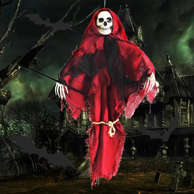 

Голова черепа, красная марля, подвесной призрак на Хэллоуин с серпом, жуткий ужас, подвеска в виде скелета смерти, дом с привидениями, декор для вечеринки