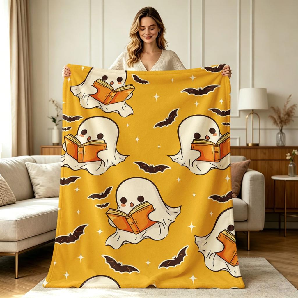 Cozy Flannel Blanket with Cute Reading Ghost Bat Halloween Print All Season Warm Soft Throw Blanket for Sofa Couch Bed Office Living Room Home Decor