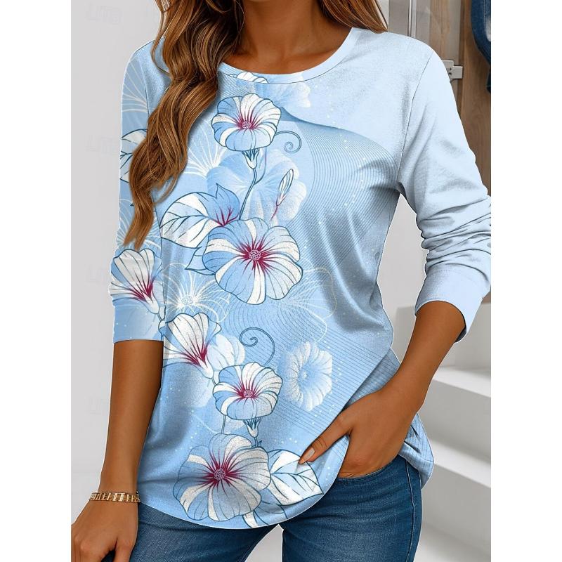 Women's T Shirt Floral Graphic Plants Stylish Summer Casual Long Sleeve T-shirts Round Neck Regular Tops Flower Printed Pullover