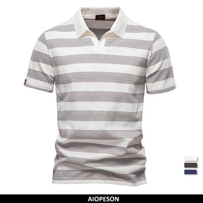 AIOPESON New Summer Striped V Neck Cotton Polo Shirts for Men Breathable Short Sleeve Casual Knit Shirts Comfort Fit