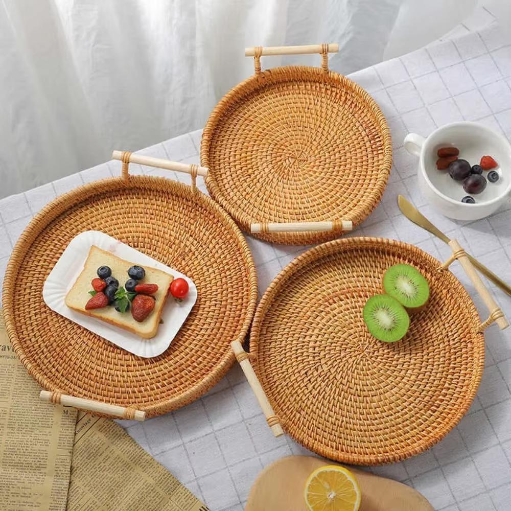 Vietnamese Rattan Tray Vine Woven Storage Double Ear Practical Desktop Tray Basket Bread and Fruit Dim Sum Picnic Simple Storage