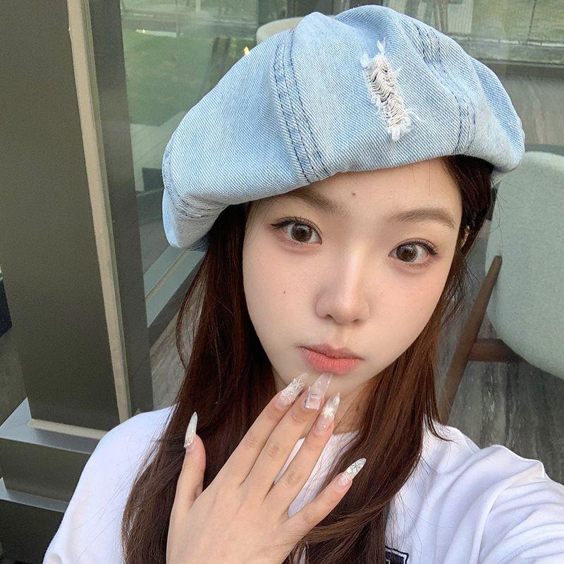 

Denim with Hole Beret Women s Spring and Summer New Arrival Easiest for Match Cloud Hat Retro Washed Distressed Face Small Octagonal Cap C3680 light blue M(56-58cm)