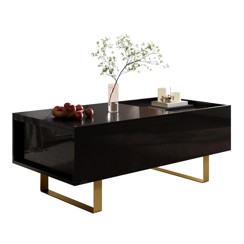 Height-Adjustable Coffee Table, Storage Made of MDF with High-Gloss Surface, with Drawer and Iron Legs, Modern Living Room Table