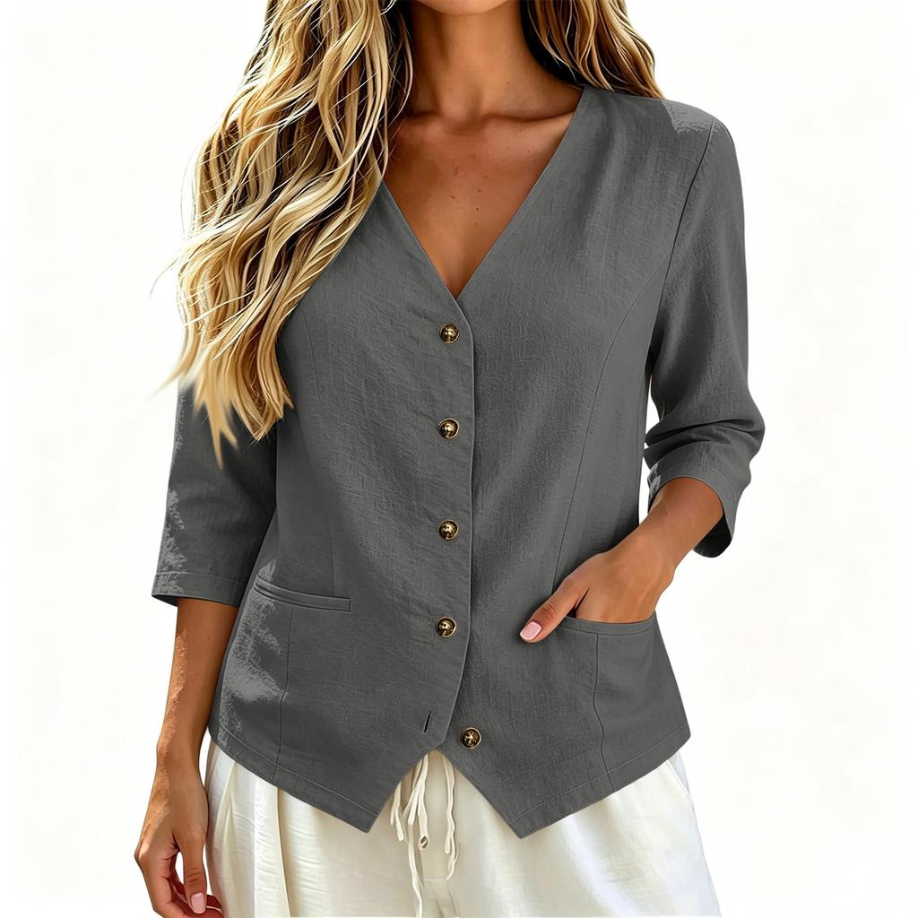 Women's Casual Linen Shirt with Three-Quarter Sleeves Button Down Loose Fit Top with Pockets