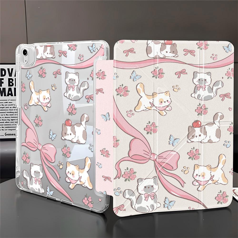 Bow Cat Y Fold Sticker Tablet Protective Case Suitable for iPad 11 Inch Transparent iPad Pro13 with Pen Slot