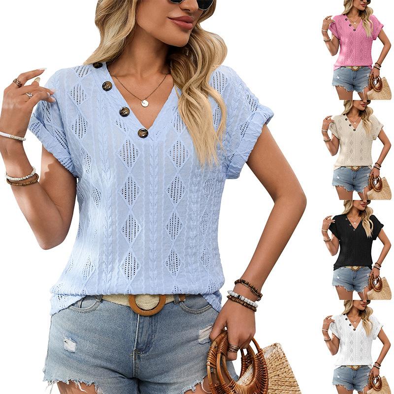 Ladies Summer Short Sleeve Button V Neck Casual Solid Color Lace Hollow Pullover Blouse Shirt Top