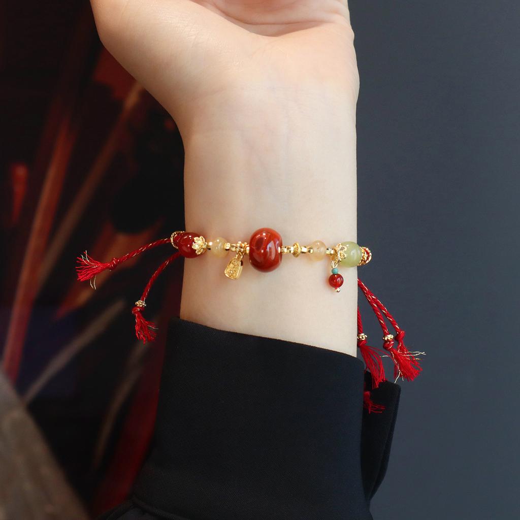 Handmade original refined natural Nanhong agate Hetian jade red rope braceletfashion women daily jewelry gift