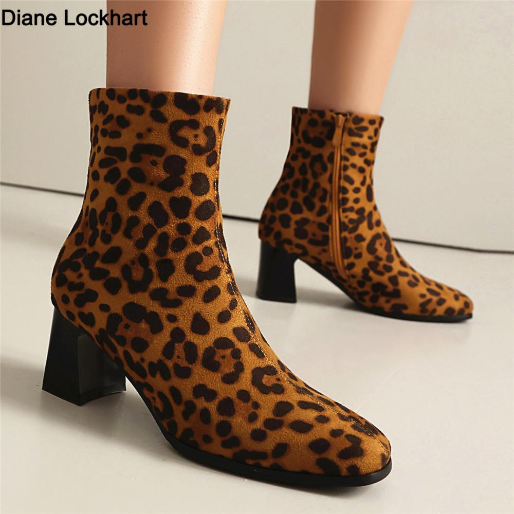 Fashion 2025 Autumn High Heels Ankle Boots Plus Size Leopard Women Boots Retro Pointed Ladies Shoes Side Zipper Booties Botas De Mujer