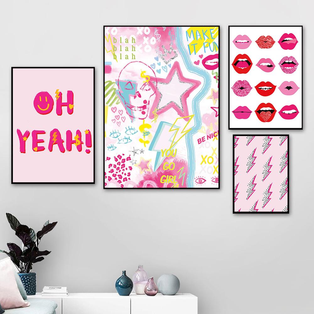 Pink Abstract Graffiti Wall Art Poster Print Picture Cheetah Lightning Lips Dollar Sign Canvas Painting Living Room Home Decor No Frame