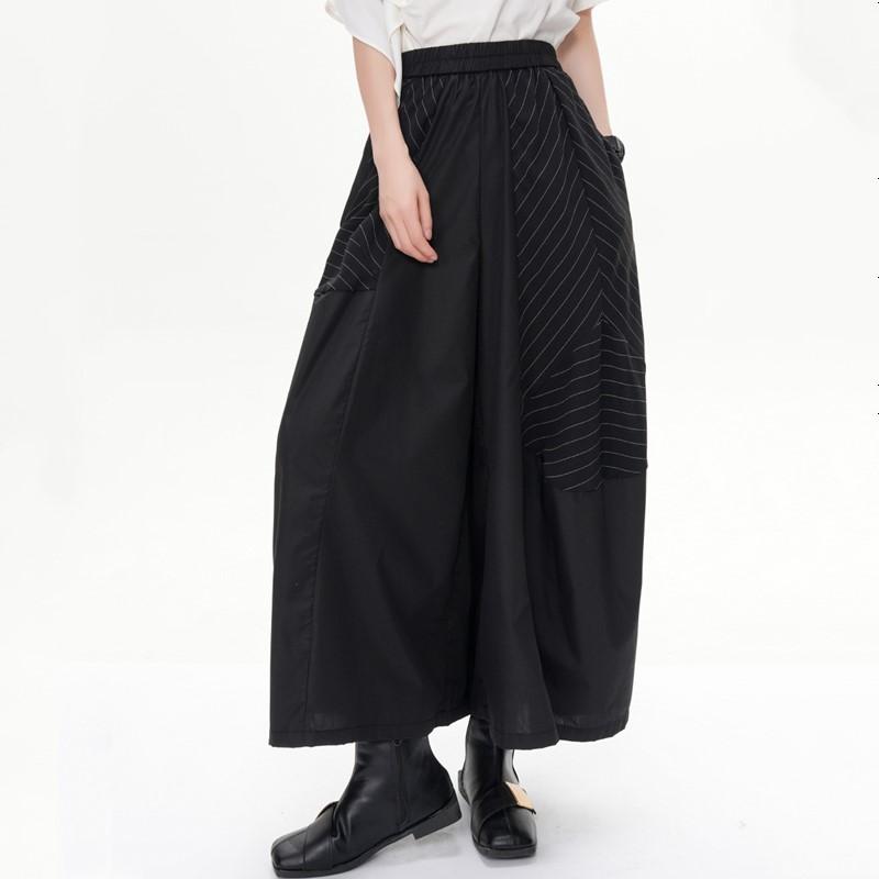 Plus Size Vintage Black Stripe High Waist Casual Loose Summer Wide Leg Pants Women Trousers