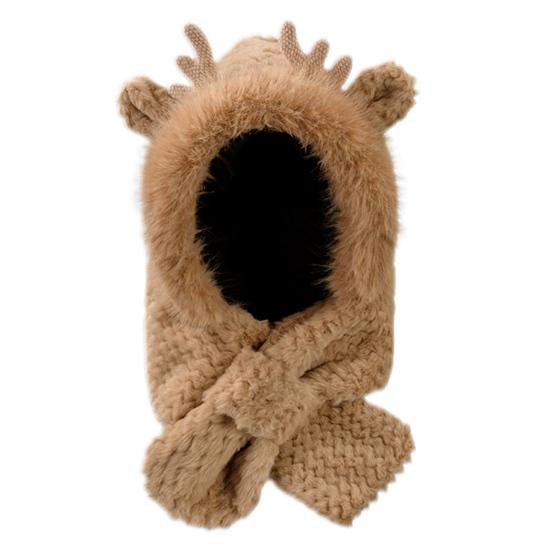 

Зимняя шапка с интегрированным шарфом, декор в виде рогов оленя, плотный плюш, полная защита, вязаный эластичный однотонный головной убор для активного отдыха на открытом воздухе кофейный