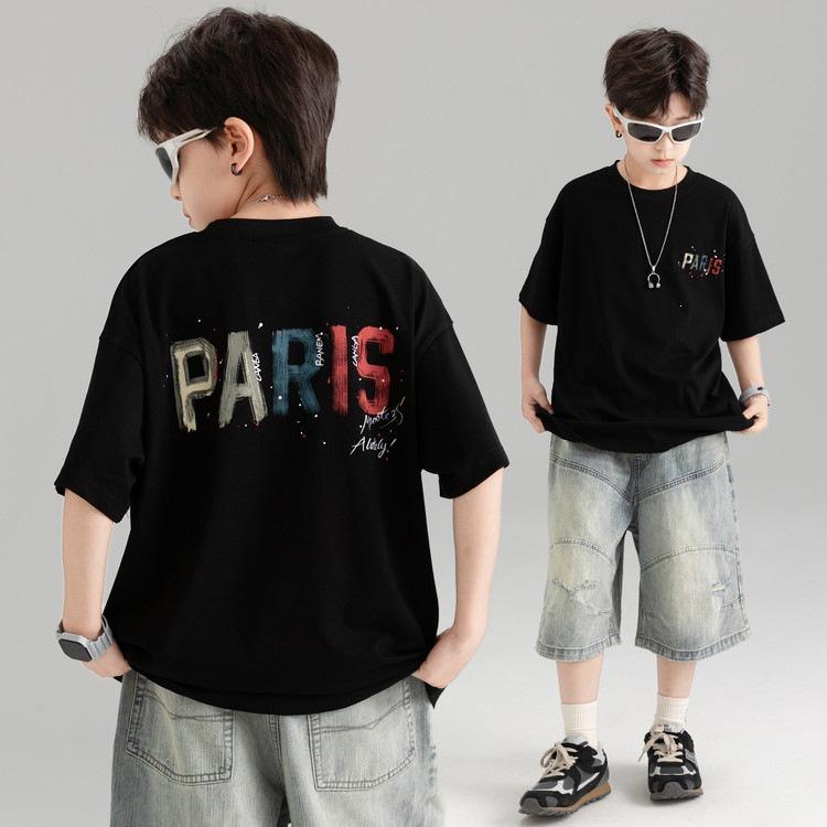 Boys Letter Print Short Sleeve T-shirt - Summer Fashion Korean Style Casual Sportswear 160 cm