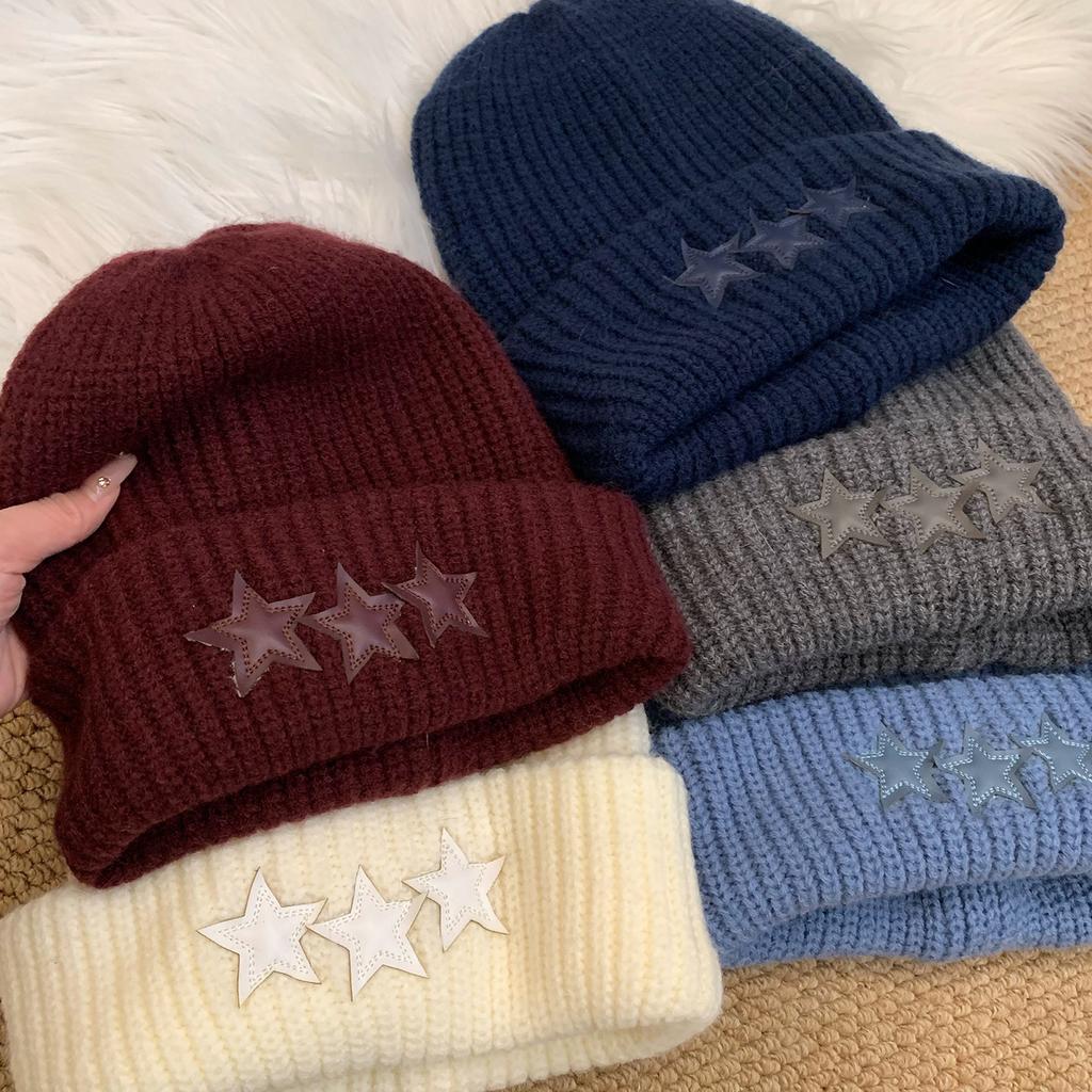 Big Head Circumference Blue Star Knitted Hat Women's New Winter Warm Thickened Korean Version Bag Head Wool Hat