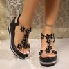 Wedge and Bow Sandals for Women's Summer Fashion with a Single Buckle Strap and Thick Soled Sandals
