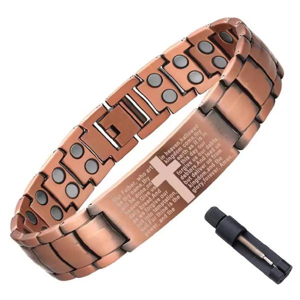 Braccialetti Magnetici in Rame da Uomo, Braccialetto in Rame Puro con Croce e Magneti di Forza a Doppia Fila per Uomo Marito Papà Regali di Natale