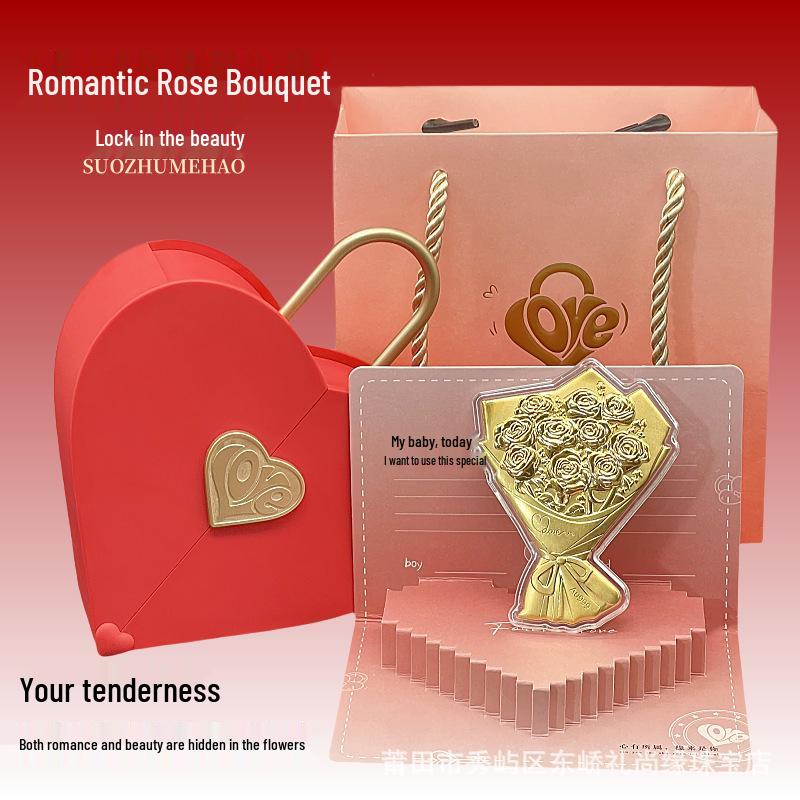 Pure Gold Rose Bouquet Ornament: Luxurious Gift for Girlfriend - Ideal for Qixi, Valentine's Day, or Special Occasions.