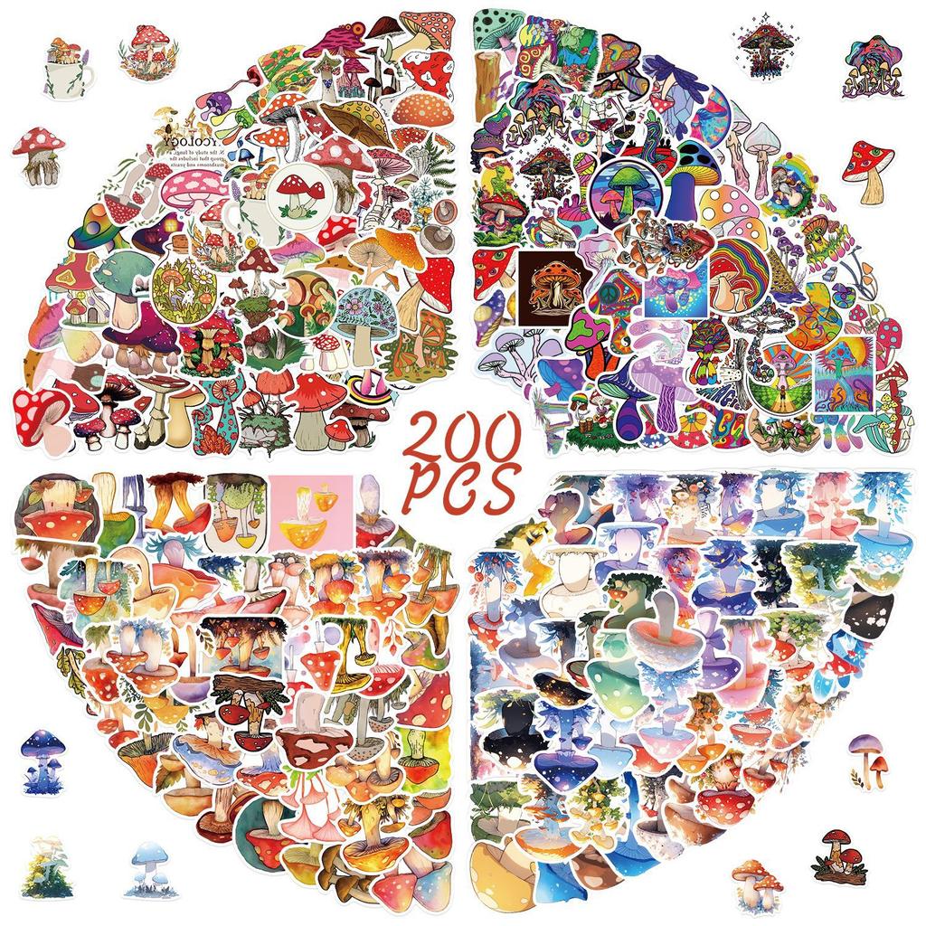 200 Cartoon Watercolor Mushroom Graffiti Stickers Suitcase Guitar Without Glue Waterproof Stickers