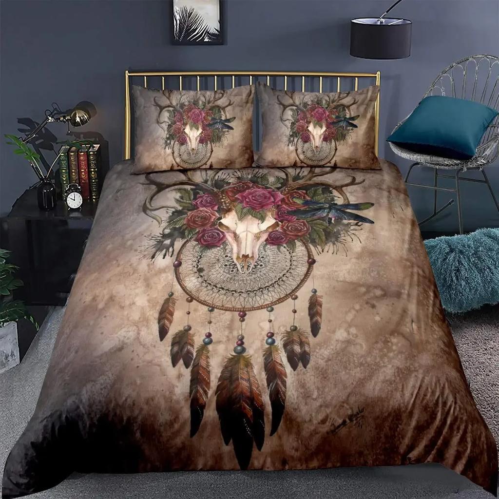 Dream Catcher Duvet Cover KingQueen Size Ethnic Tribal Feather Rose Pattern Bohemian Bedding for Women