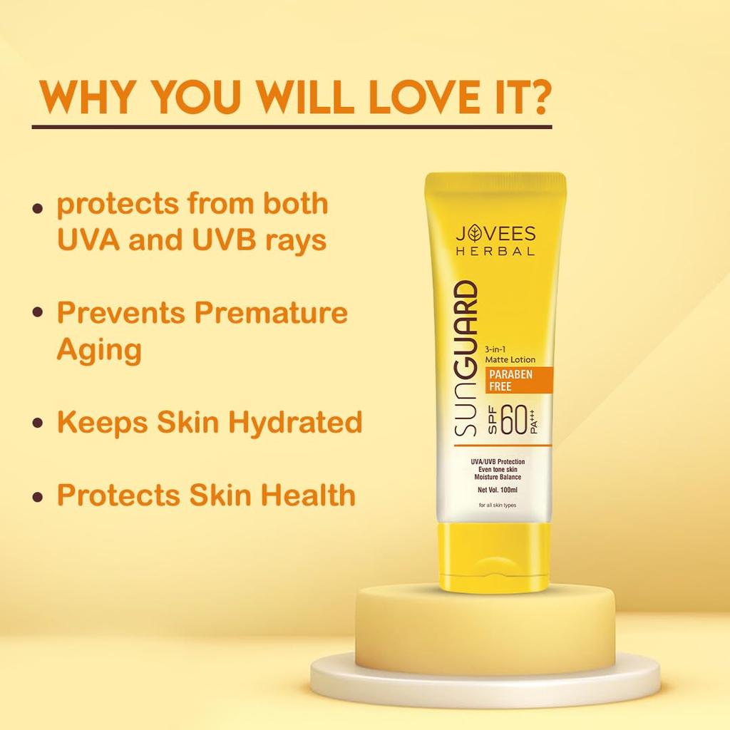 Jovees Herbal Sun Guard Lotion SPF 60 Pa+++ Broad Spectrum 3 in 1 Matte Moisturizer For Women Men 100ml