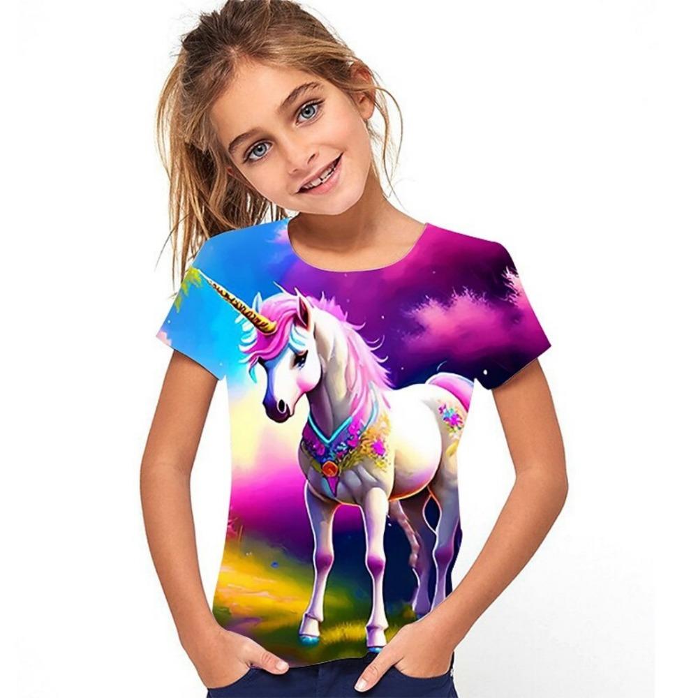 New 3D Horse Pattern Printed T-Shirt Summer Short Sleeve Fashionable Children's Casual Girls' Top