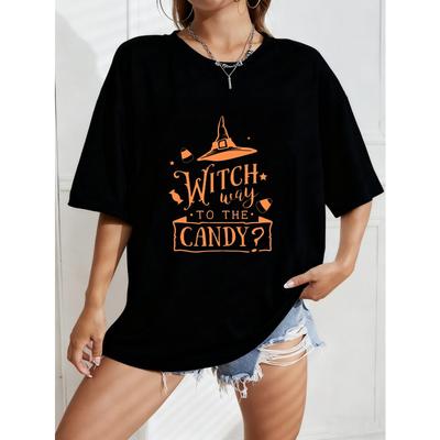 White Oversized T Shirt Witch Way To The Candy Halloween Print For Women Casual Autumn Outfit