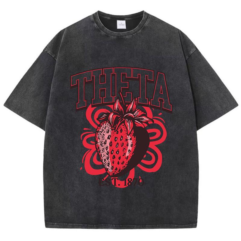 Fashion Women Washed T-Shirts Theta Strawberry Printed Tee Shirts Cotton Distressed Oversize Crewneck Tees Street Clothes