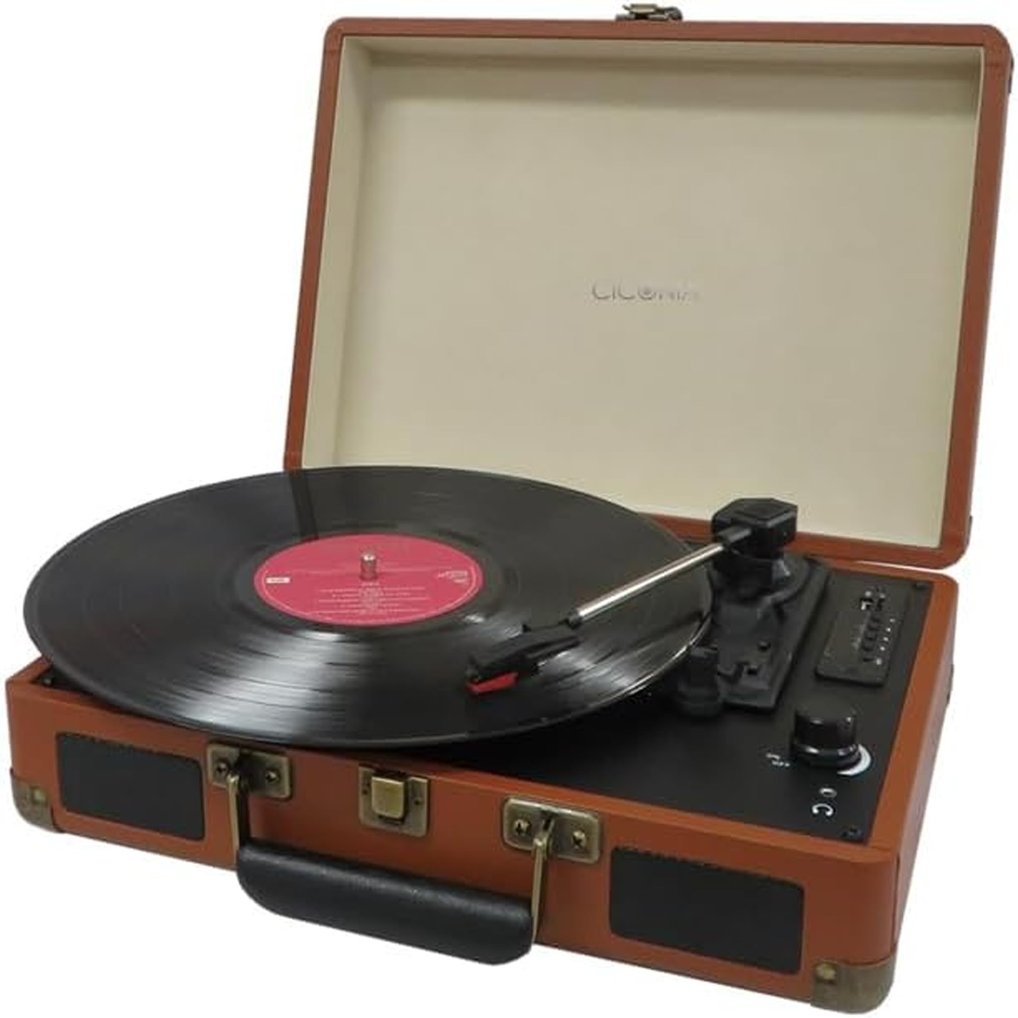 Multifuncional Portátil Retro Toca-discos Baú Tipo Caixa de Som Marrom Tocador Clássico USB Memória Cartão SD Gravação Reprodução AUX IN OUT Marrom
