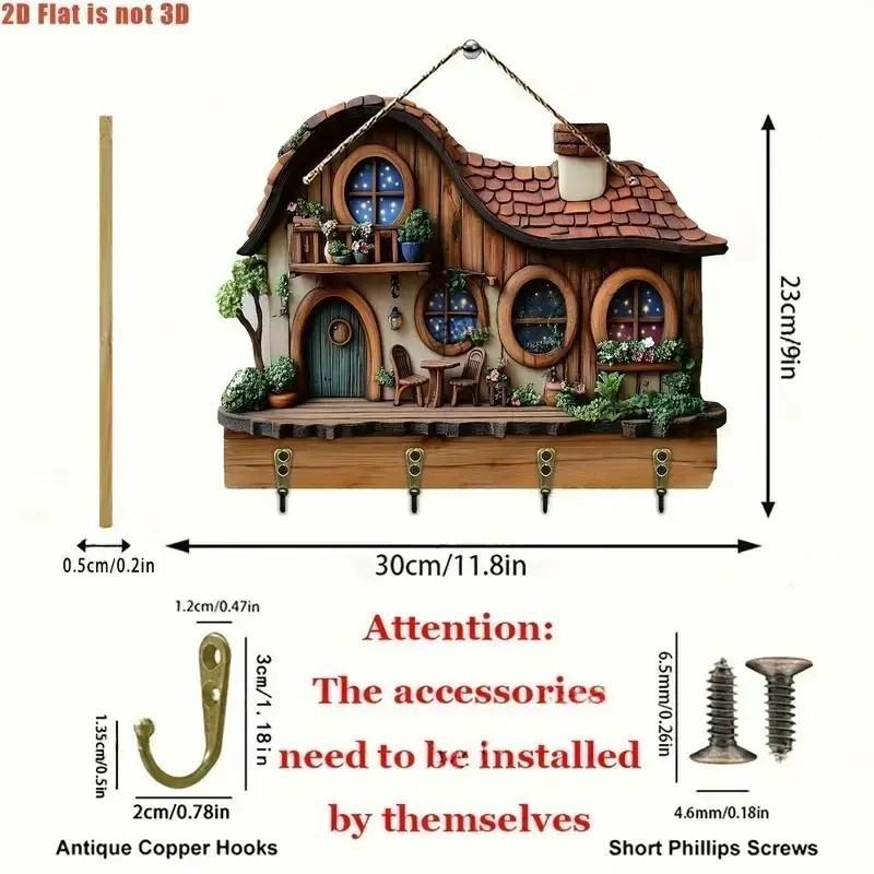 2D Plan, 1 2D Plan, A Cute Villa Wooden Multifunctional Home Keychain with Four Metal Hooks - Wall Decoration, Porch Decoration, Room Decoration