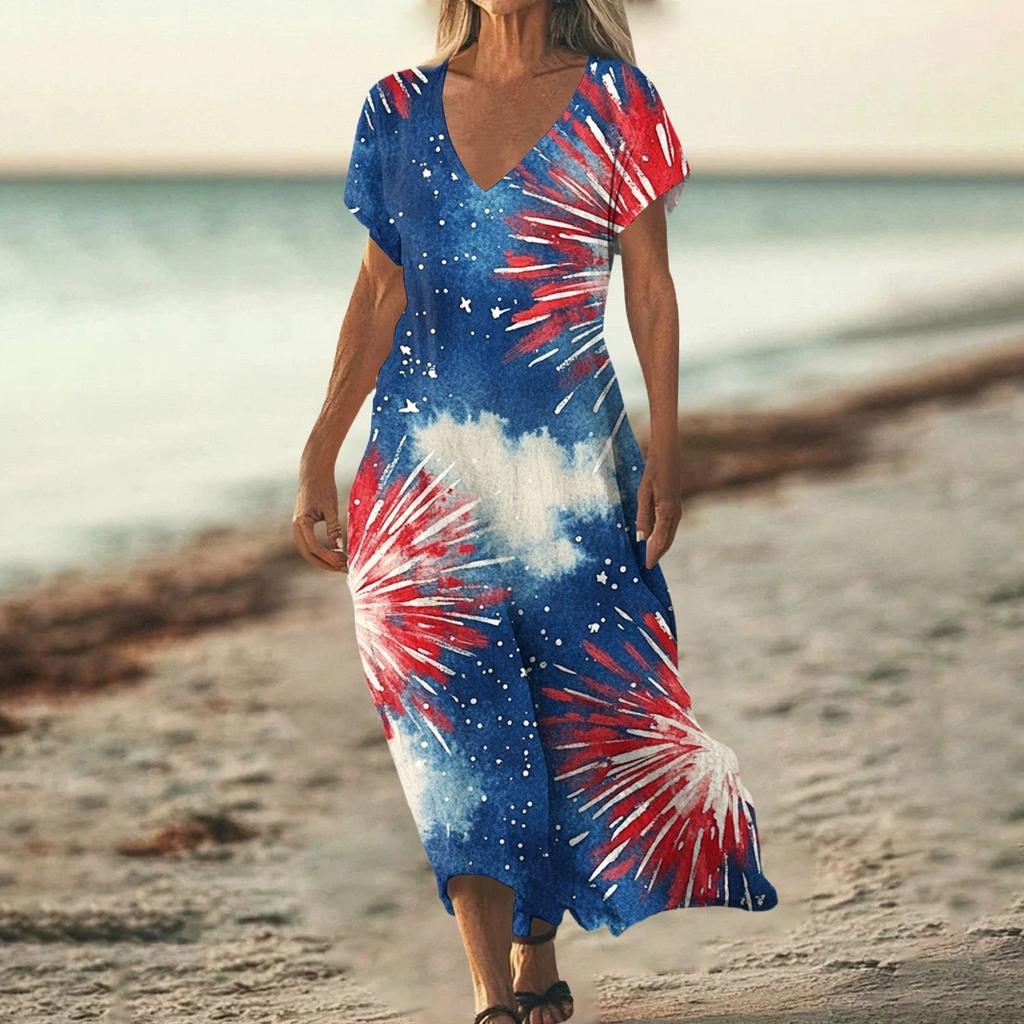 Sommerkleid Damen Lang Strandkleid Elegantes Kleid V-Ausschnitt Kurzarm Sommerkleid Leicht Luftig