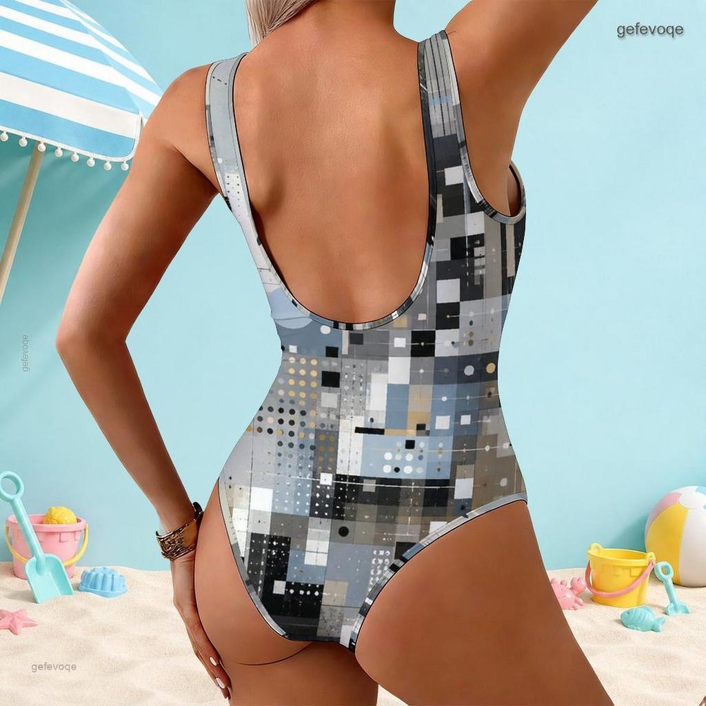 Women Plus Size Geometric Printed One Piece Swimsuit Scoop Neck Wide Straps High Cut