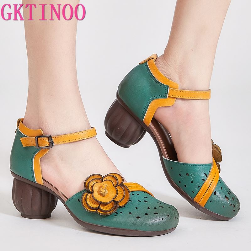 Fashion GKTINOO 2024 Summer Genuine Leather Shoes Gladiator Sandals Women 6cm High Heels Classic Black Round Toe Flower Ladies Sandals