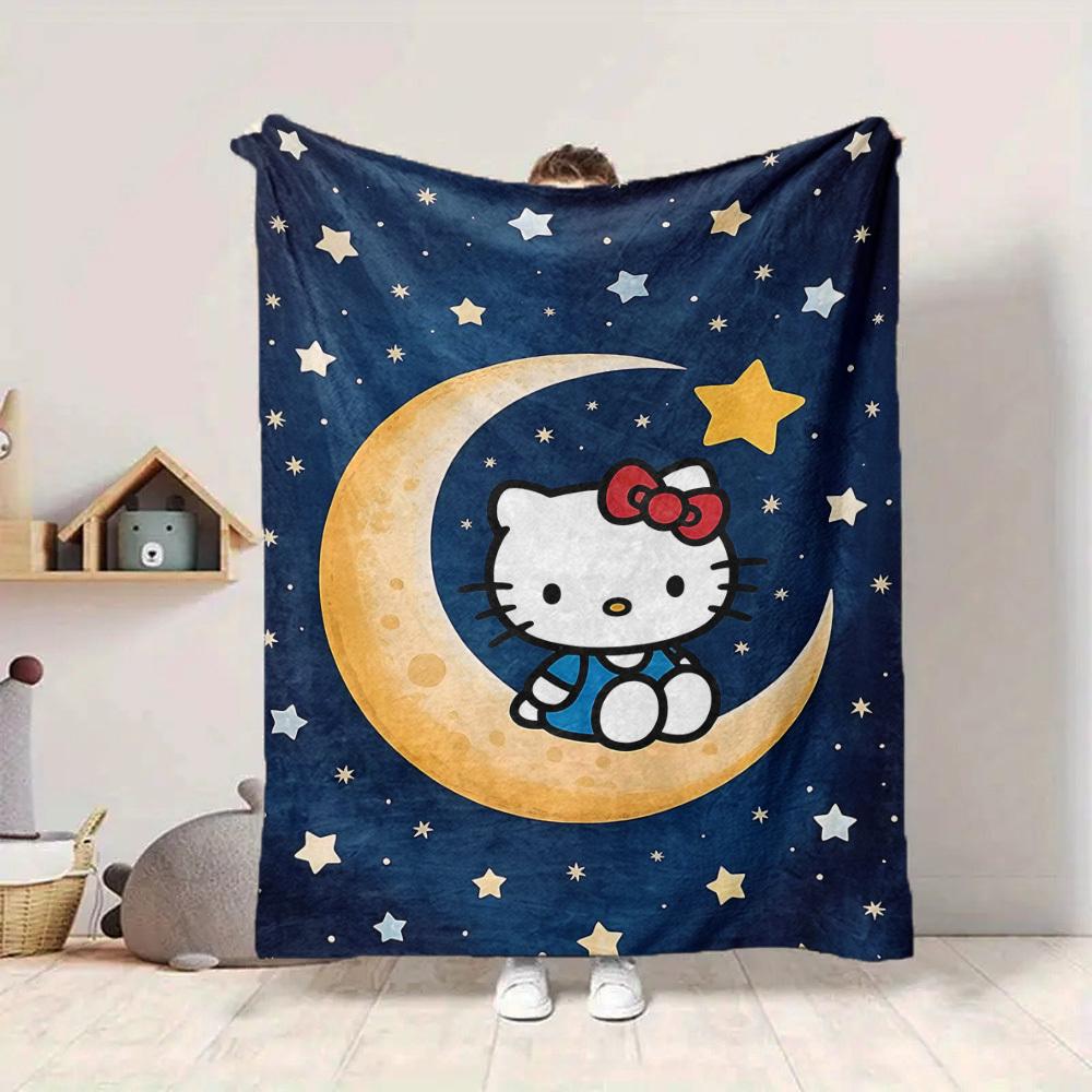 1 Stück Mond Sterne Hello Kitty Gemütliche Druckdecke Leichte Warme Flanelldecke für Sofa, Bett, Wohnzimmer