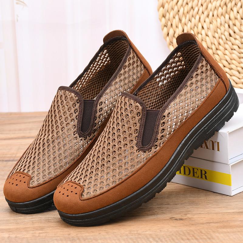 Summer Mesh Shoes Men's Old Beijing Mesh Shoes Breathable Father Shoes Middle-aged and Elderly Hollow Casual Shoes Mesh Soft Sole Work Shoes