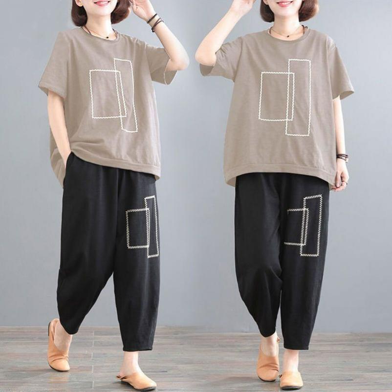 Plus Size Suit Women's Summer Clothes Cover Belly Loose and Thin Casual Sports Two-piece Suit