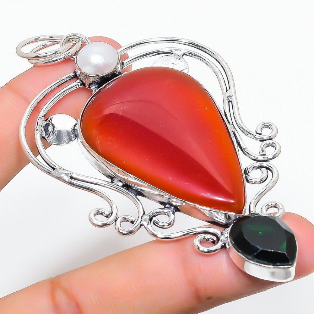 Natural Red River Jasper, Pearl Gemstone 925 Sterling Silver Pendant 3.55" D4h03