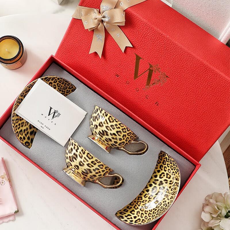 WOOCH Изысканный подарочный набор: керамическая чайная чашка и блюдце с леопардовым принтом